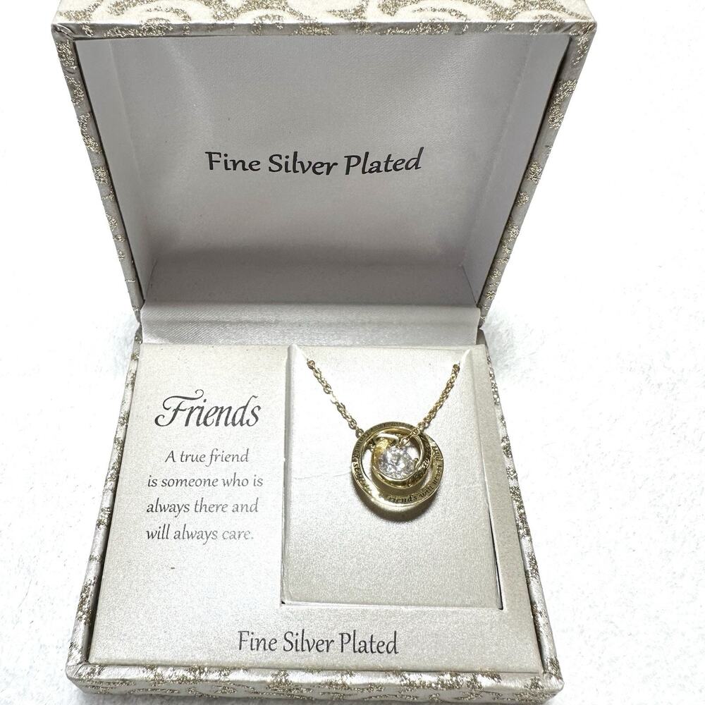 Engraved Friend Necklace True Friend Fine Silver Plated Gift Box Cubic Zirconia
